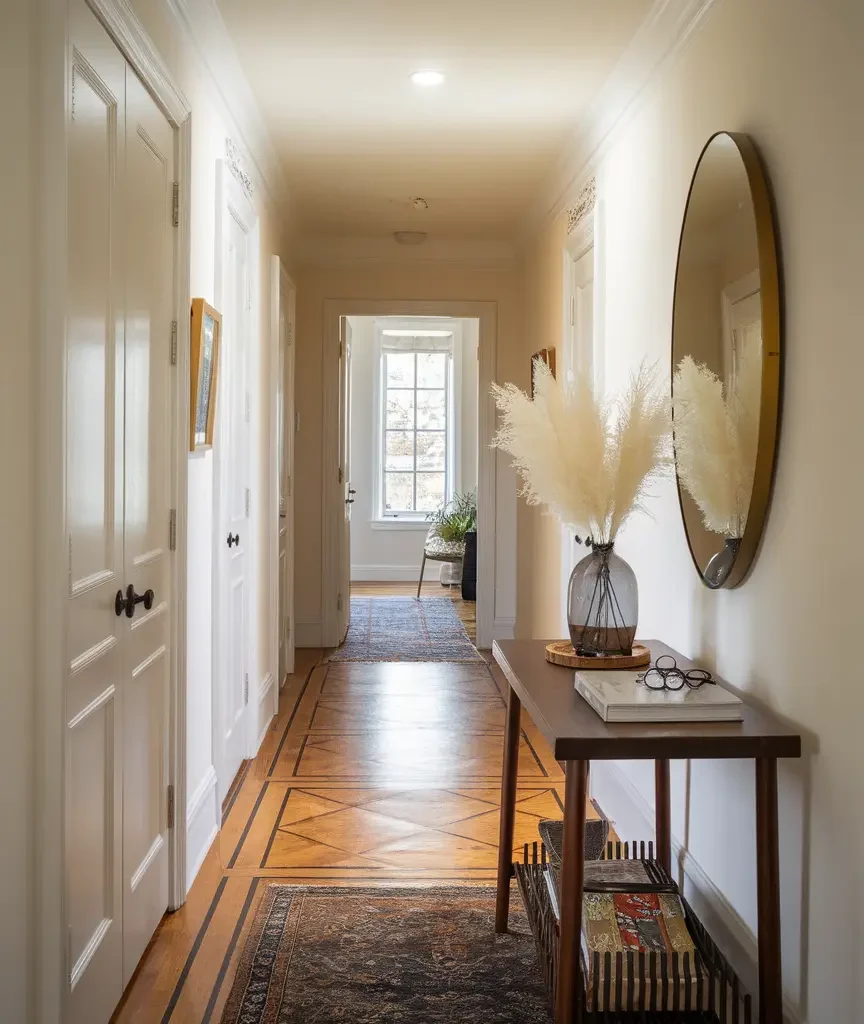 narrow hallway entryway ideas with slim console table, round mirror and soft lighting