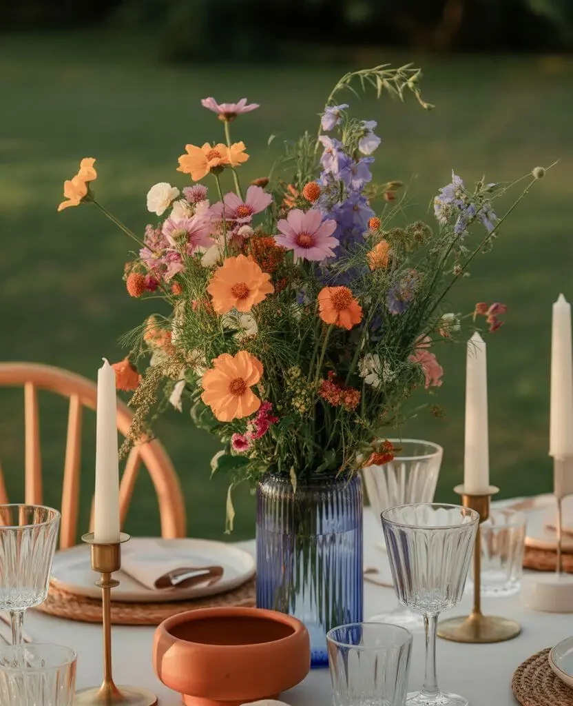 Romantic boho centrepiece with wildflowers and soft lighting