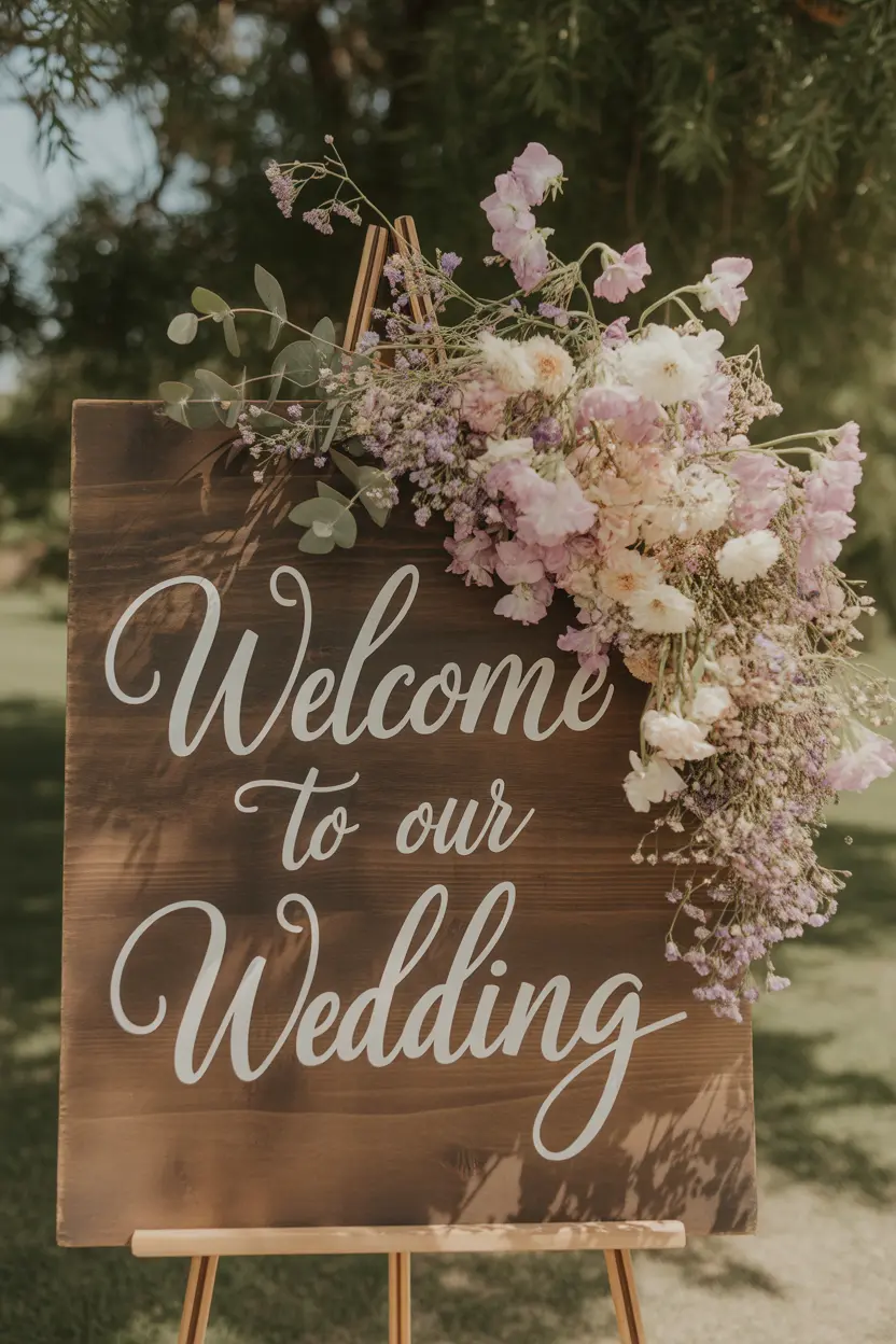 rustic wooden wildflower welcome sign for wedding entrance decoration