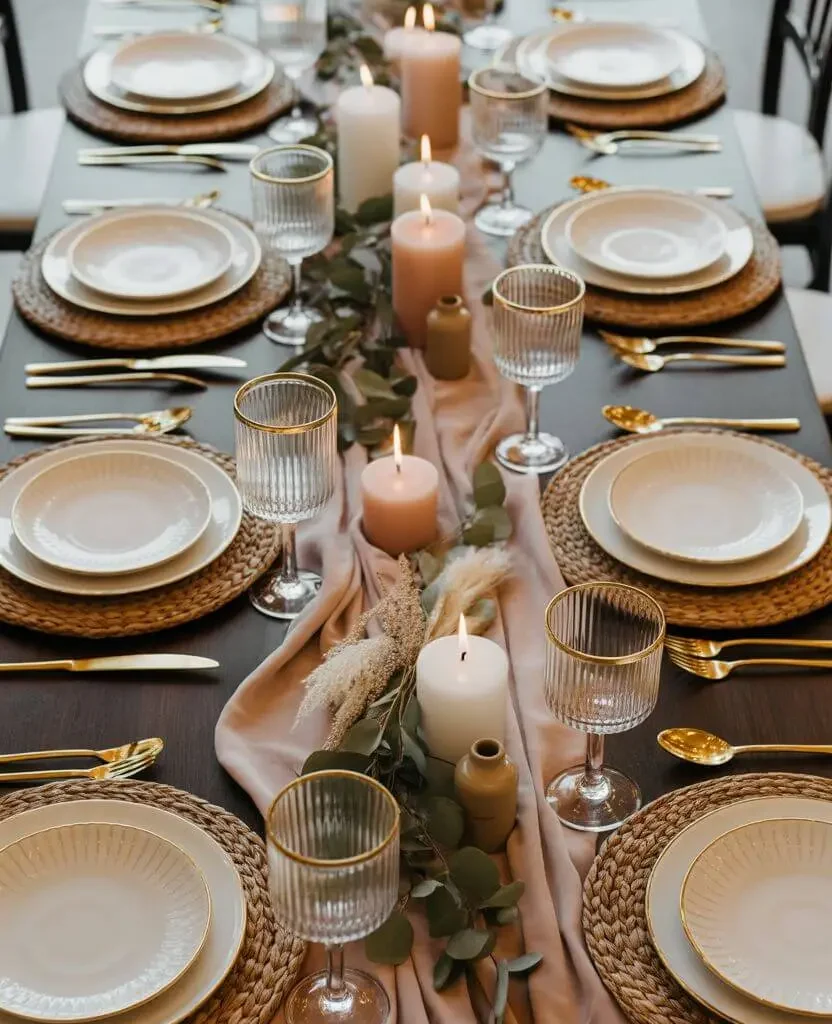 Elegant boho wedding table ideas with neutral palette and metallic accents