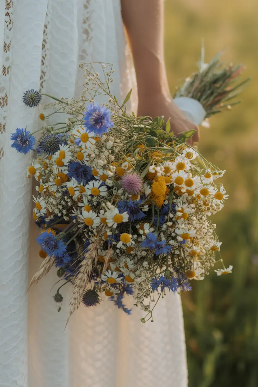 wildflower wedding decoration bridal bouquet with meadow flowers and greenery