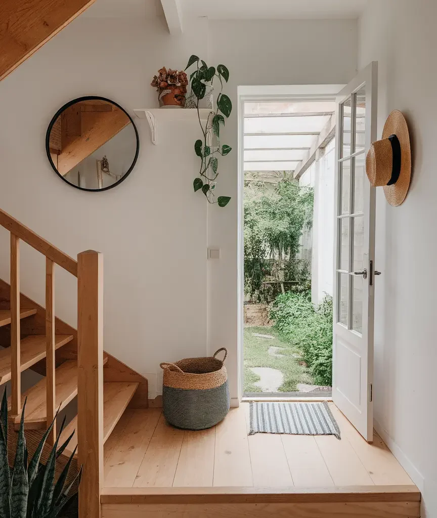 narrow hallway entryway styling with mirror, greenery and open layout