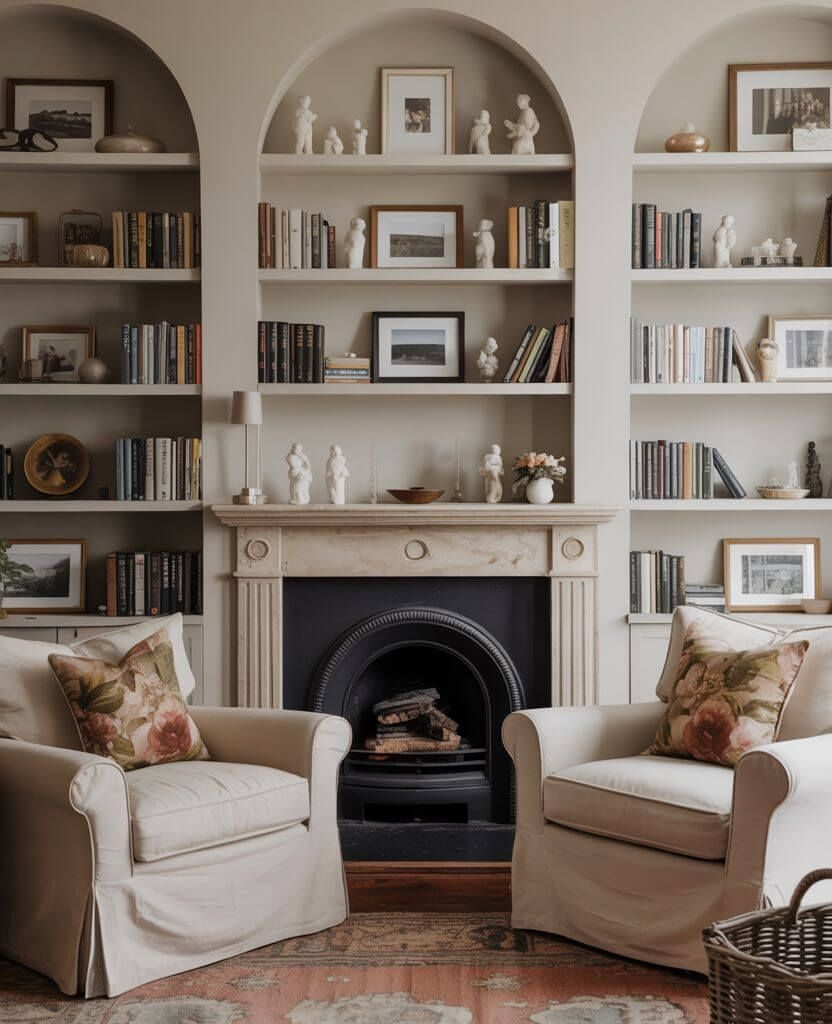 Arched built-ins around fireplace with curved shelving and neutral decor — timeless, elegant living room inspiration