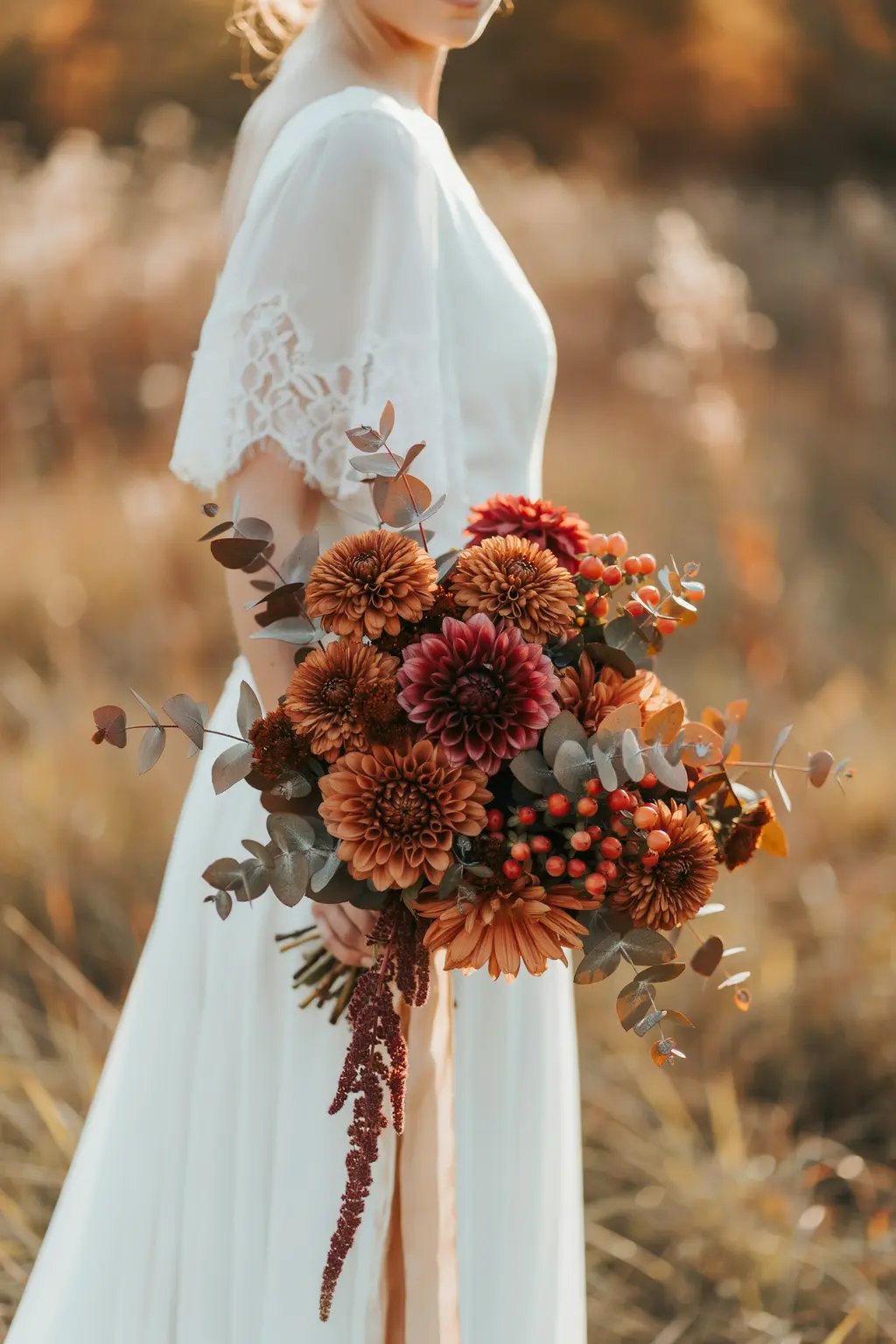 Fall wedding flowers in a 30 stem bridal bouquet, wide and loose with amaranth trailing past the edge