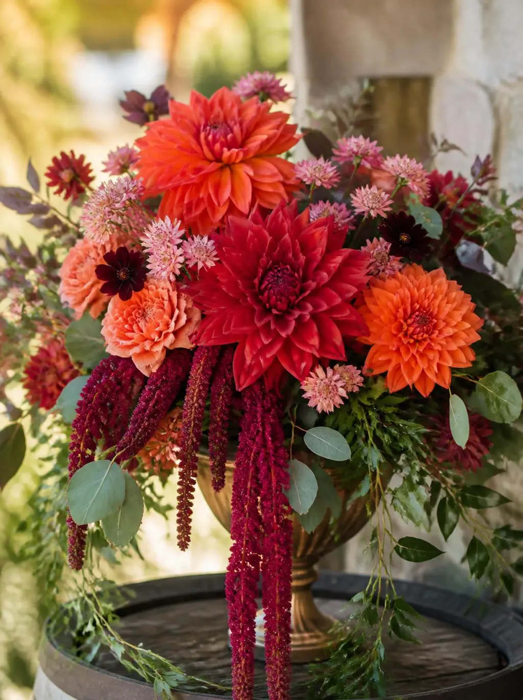 Fall wedding flowers on a budget: marigolds packed tight and low in a footed bowl so the orange reads as one block