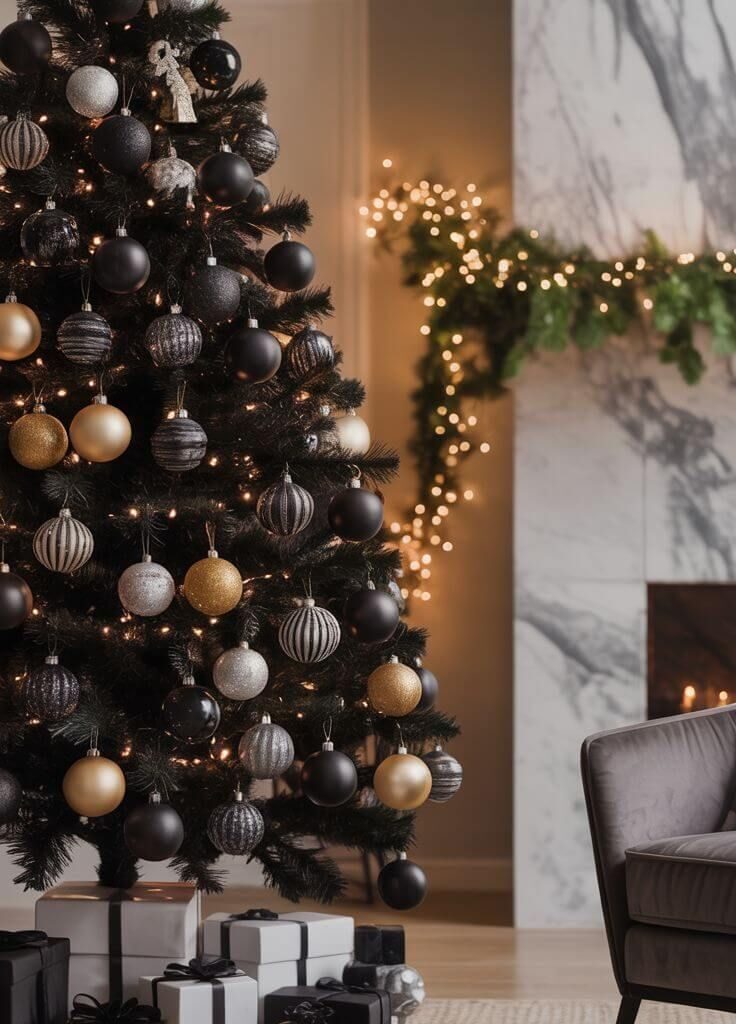 Elegant black Christmas tree with gold and silver ornaments in a cozy modern living room – stylish holiday decor inspiration.