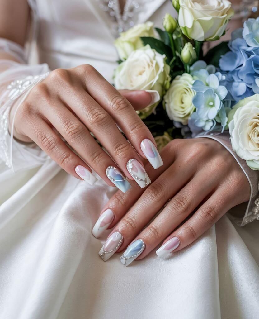 Elegant wedding nail ideas with pastel pink and blue French tips, rhinestone accents, and coffin-shaped nails. Bride holding a bouquet of white roses and blue hydrangeas.