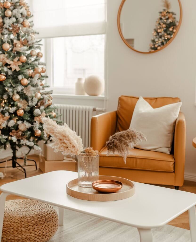 Neutral boho Christmas decor idea featuring a white coffee table, pampas arrangement, and golden armchair.