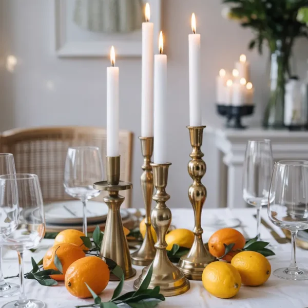 brass candlestick and lemon cluster table centerpiece