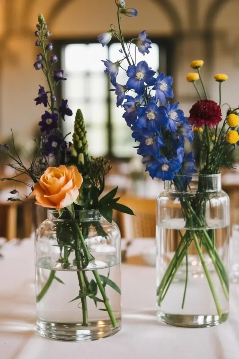 bud vase centrepiece cluster with wildflowers for wedding table decoration