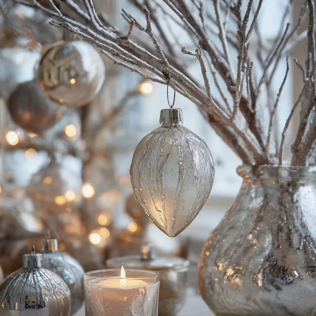 Budget-friendly silver Christmas decoration with mercury-glass ornaments, frosted branches, and soft candlelight creating a cozy winter look.