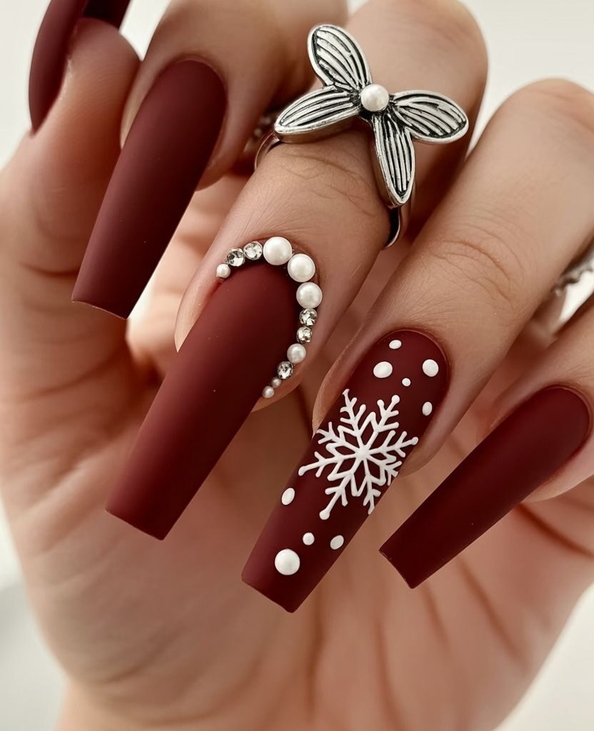 Matte Burgundy Christmas Nails with Snowflake and Pearls – Elegant Winter Coffin Nails 2025