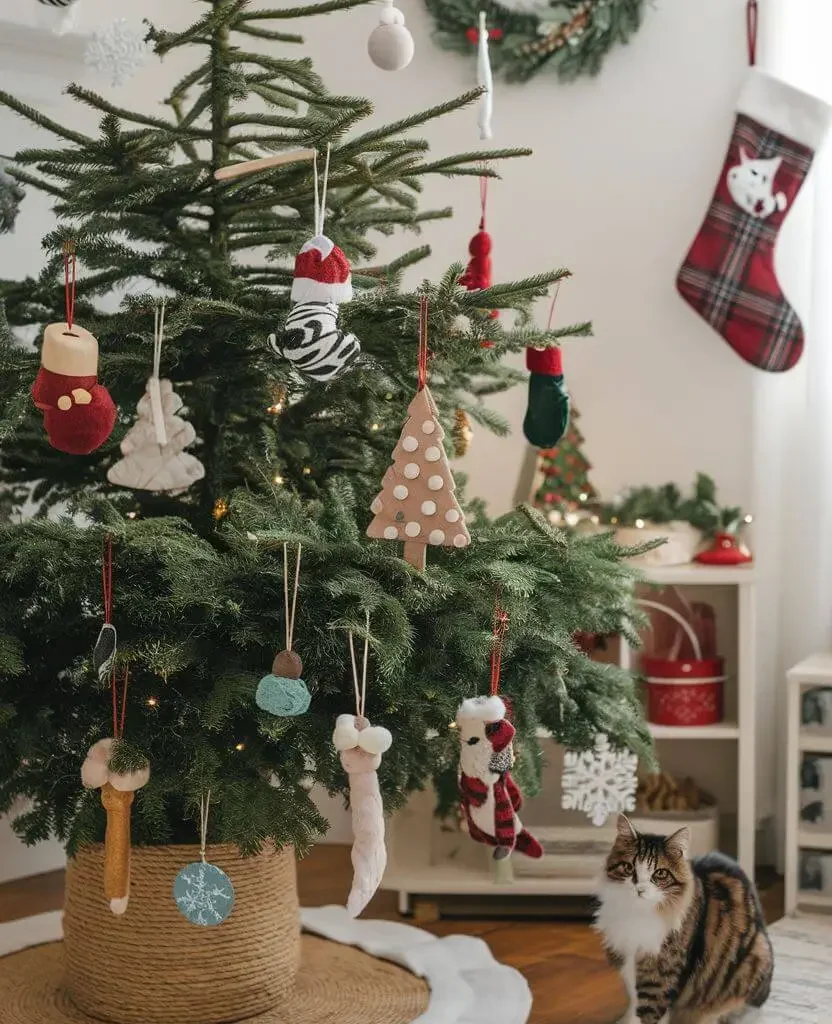 Cat sitting beside a Christmas tree decorated with soft, cat-safe ornaments – cat-friendly Christmas decor setup.