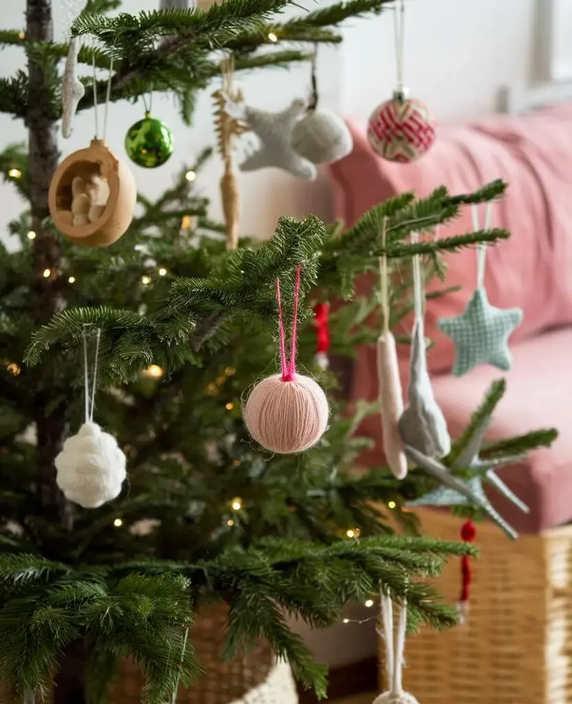 Christmas tree decorated with soft, cat-safe ornaments and felt decorations – cat-friendly Christmas decor ideas.
