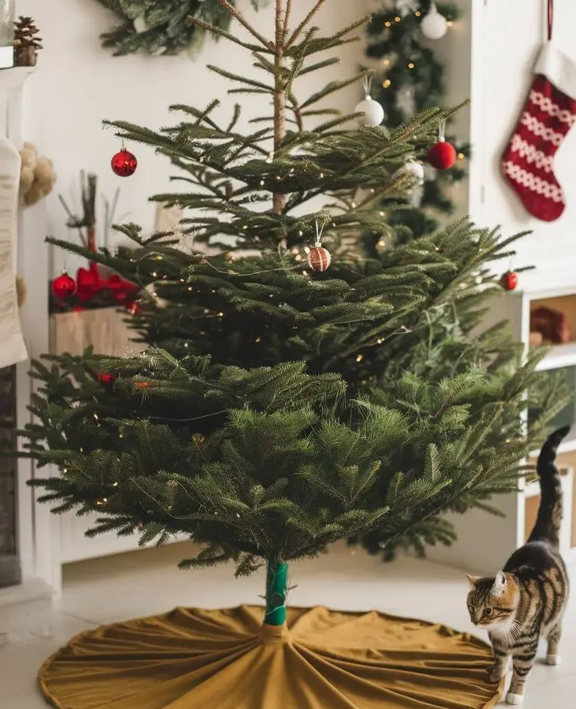 Christmas tree with minimal ornaments and raised branches – a cat-proof Christmas tree setup for safe, cat-friendly Christmas decor.