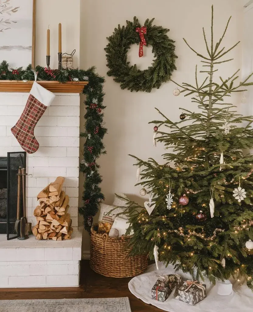 Cozy living room with a Christmas tree, wreath and faux greenery garland – cat-safe holiday plants and cat-friendly Christmas decor.