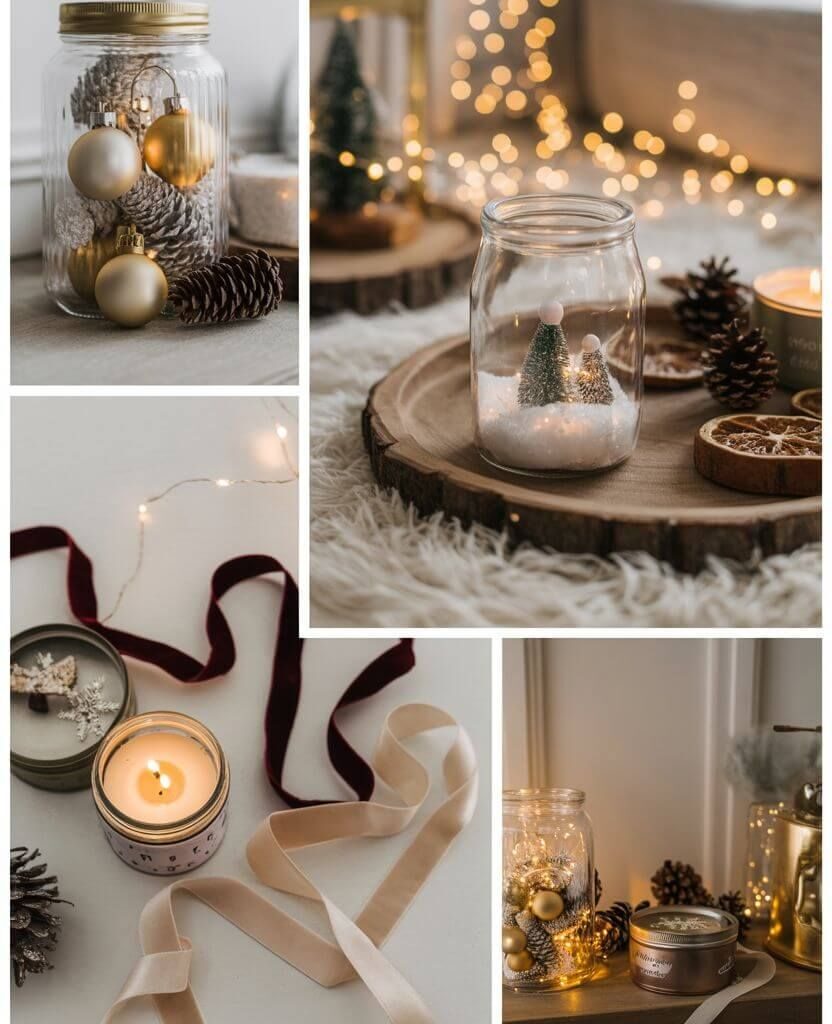 Budget friendly DIY Christmas coffee table centerpiece with glass jars, fairy lights and baubles
