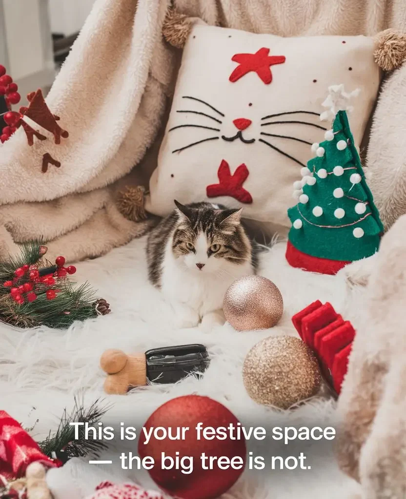 Cat resting in a cozy holiday nook with soft decorations, felt Christmas tree, and cat-themed pillow – cat-friendly Christmas decor setup.