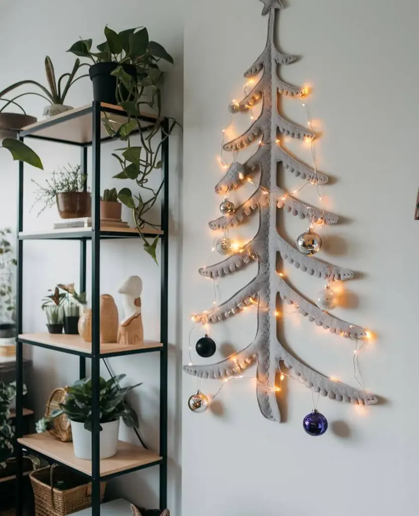 Wall-mounted felt Christmas tree decorated with lights – a safe, cat-friendly Christmas decor alternative for climbing cats."