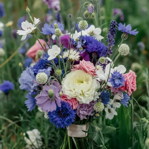 cool romantic palette wildflower wedding bouquet with cornflowers and sweet peas