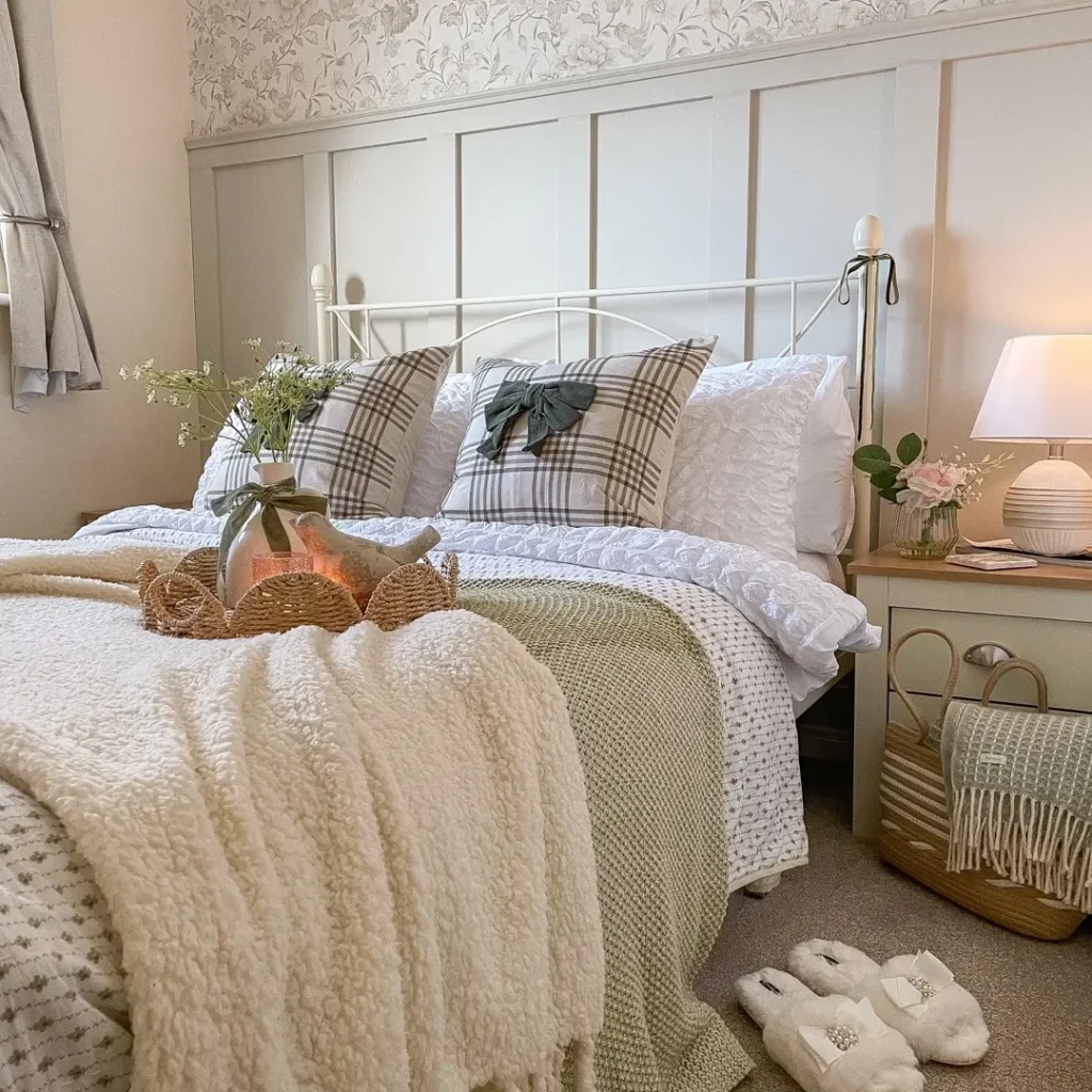 rustic spring bedroom decor with linen bedding floral accents and wooden furniture cozy cottage style