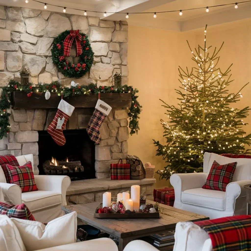 modern farmhouse Christmas decor with warm white lights and greenery