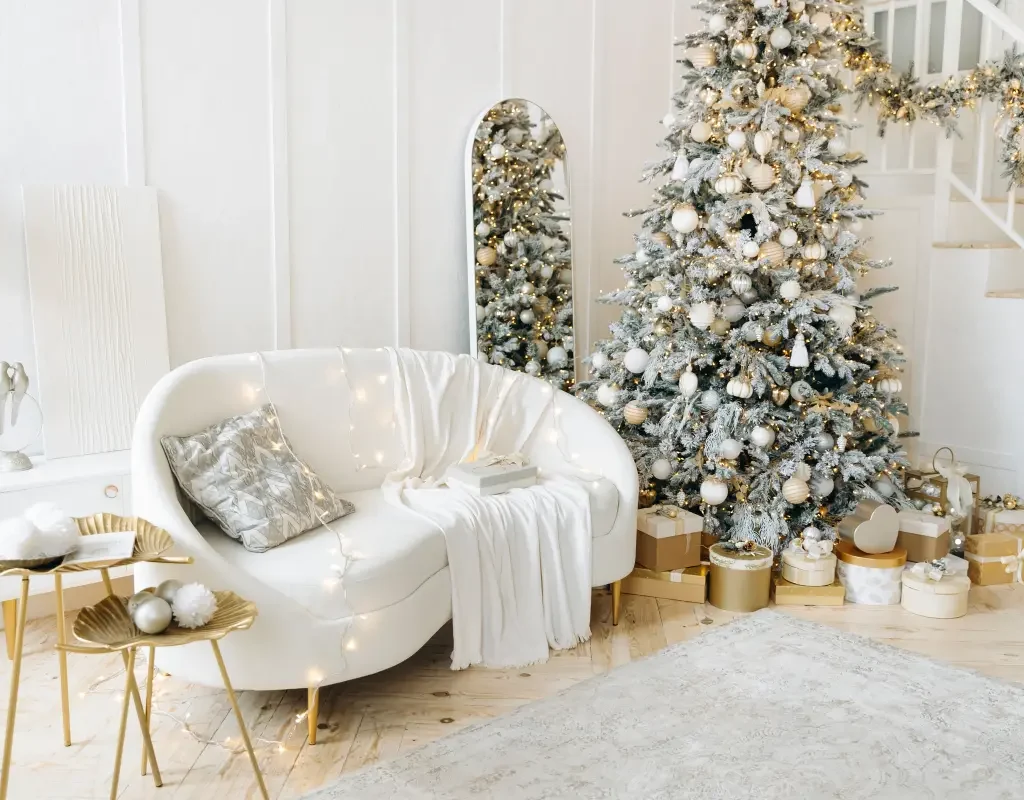 cozy Christmas living room decor with warm lights and natural textures