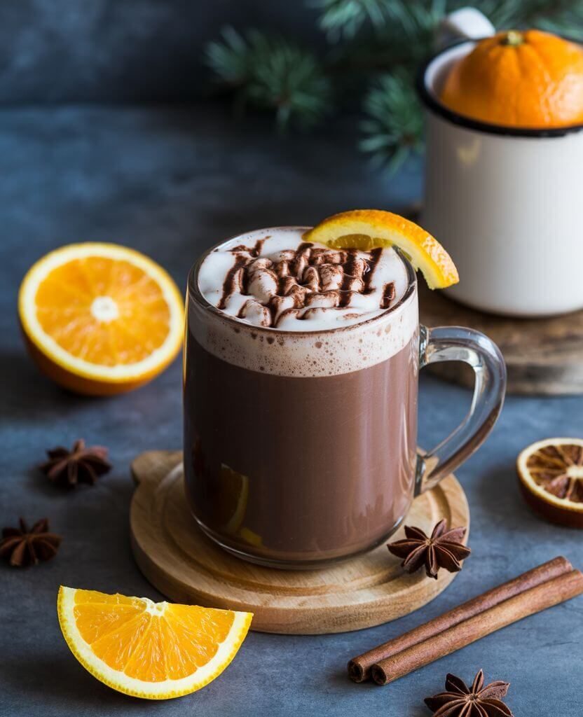 Glass mug of orange hot chocolate topped with whipped cream and chocolate drizzle, garnished with a fresh orange slice, cinnamon sticks, and star anise – cozy winter drink recipe.