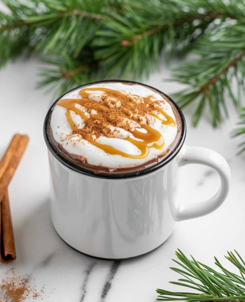 Cozy orange hot chocolate in a white mug topped with whipped cream, cinnamon, and caramel drizzle, styled with pine branches and cinnamon stick – festive winter drink recipe.