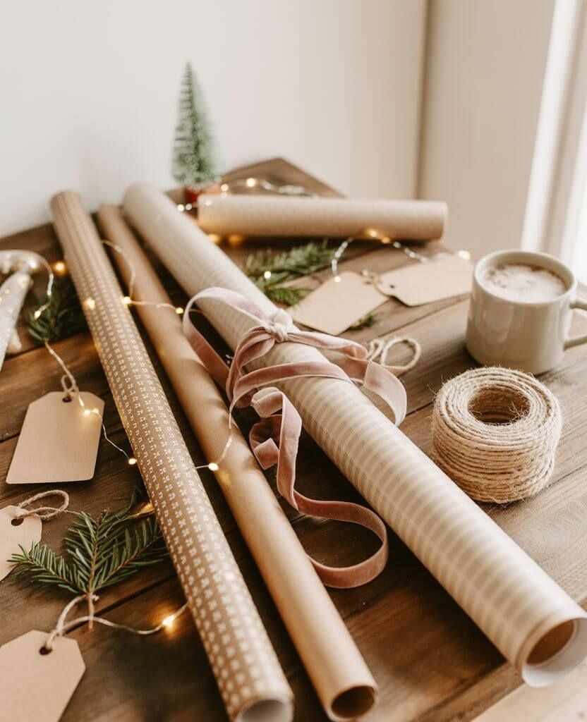 Cozy minimalist wrapping station with brown paper rolls, twine, ribbon, and a cup of coffee — a simple way to get ready for Christmas in November and stay organized for stress-free gift wrapping.