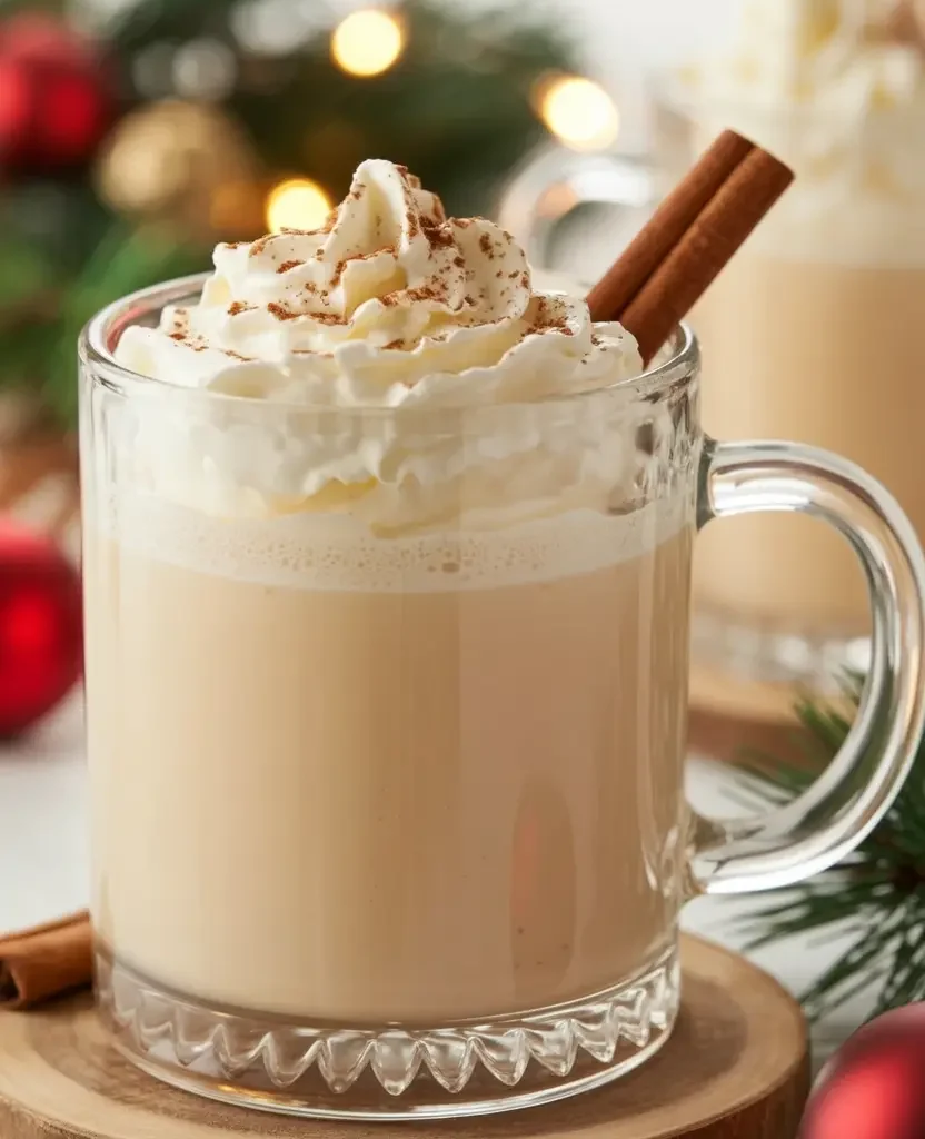 Homemade eggnog with whipped cream and cinnamon.