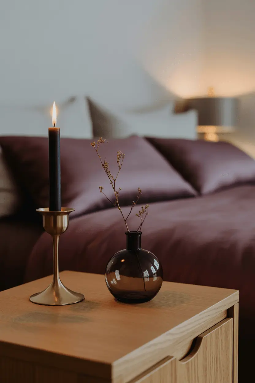 Elegant Halloween decor in a bedroom with a plum duvet and a single brass candlestick