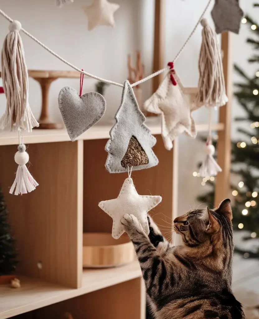 Cat playing with soft felt Christmas garland decorations – DIY cat-friendly Christmas decor idea.