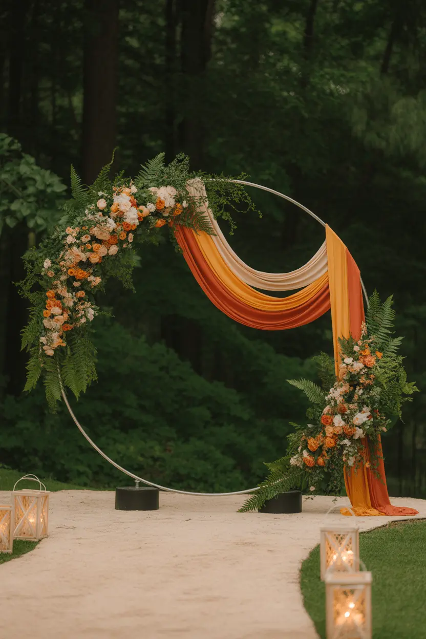 Circular fall wedding arch made from black poly pipe, draped with rust and orange fabric, with orange blooms and greenery clustered at both bases