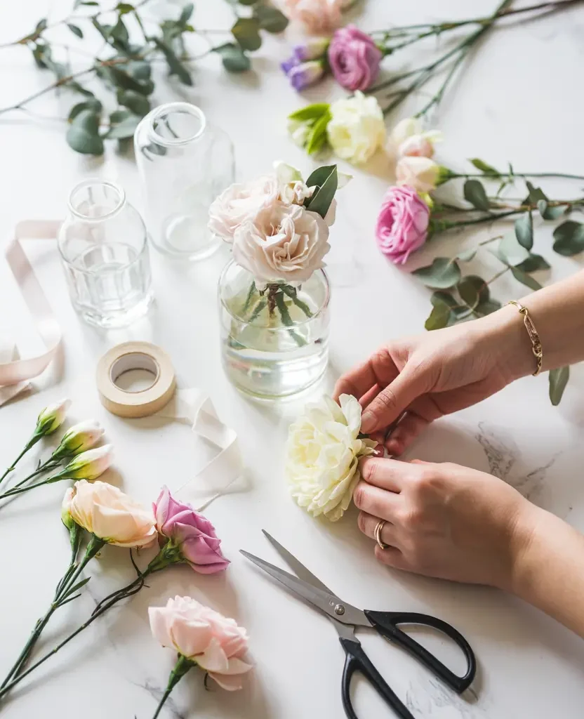 DIY spring wedding flowers supplies flat lay – ranunculus 
eucalyptus ribbon floral tape and bud vases on marble surface