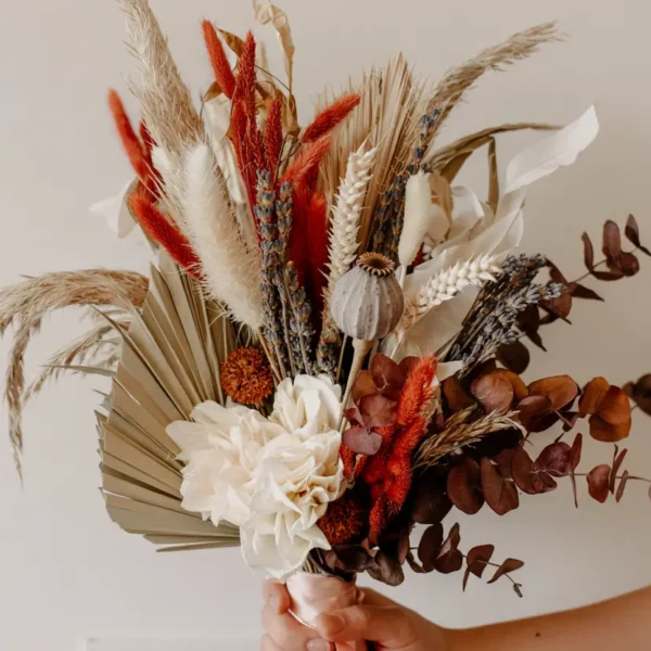dried and earthy palette wedding bouquet with pampas grass and preserved flowers