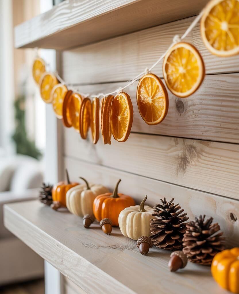 DIY dried orange garland with mini pumpkins, pinecones, and acorns — cozy fall mantel decor idea for a warm autumn home.