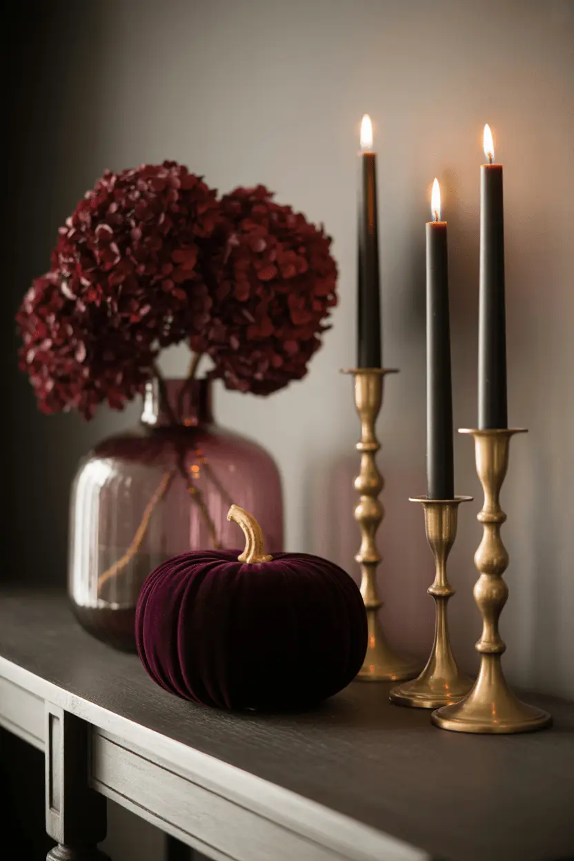 Elegant Halloween decor in a deep plum and oxblood palette styled on a wood console table