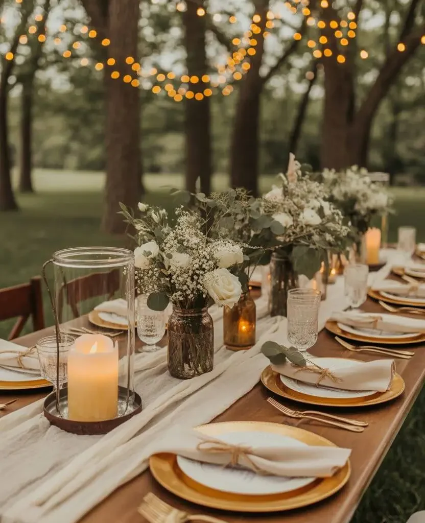 Rustic boho wedding table decor with wood, linen and earth-toned florals