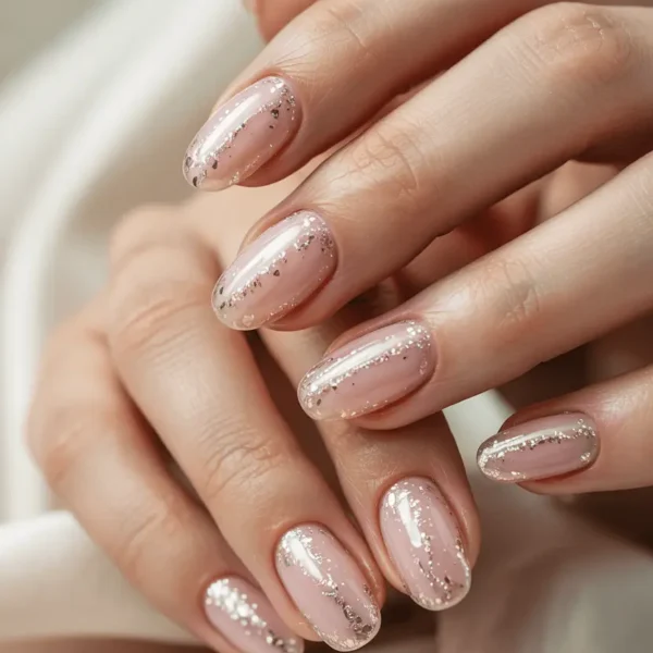 Short oval fall nails — sheer blush pink base with fine silver glitter diagonal stripe accent