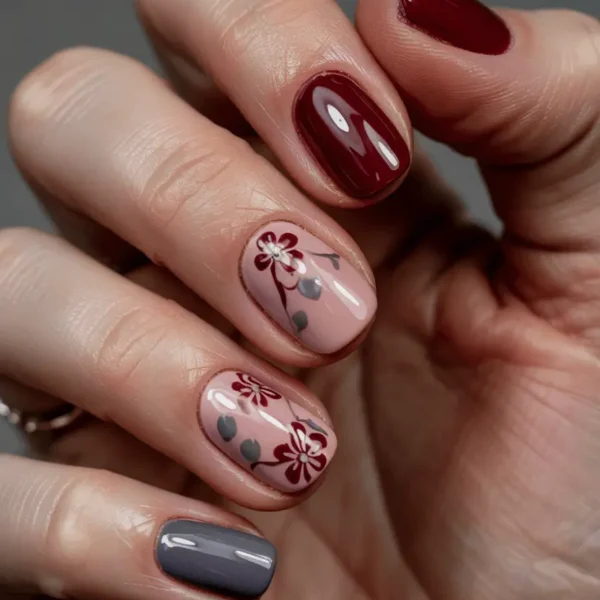 Short oval fall nails — deep burgundy/wine solids with small dark red floral art on blush pink base