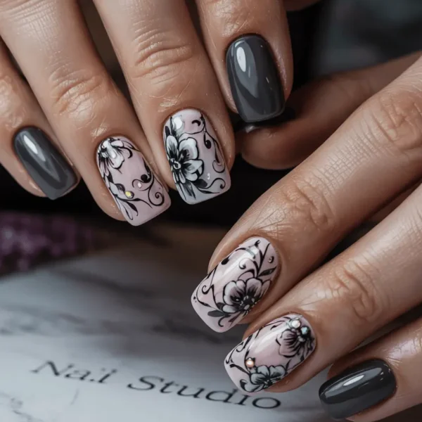 Short square fall nails — charcoal and blush pink with black swirling floral art and small rhinestone centers