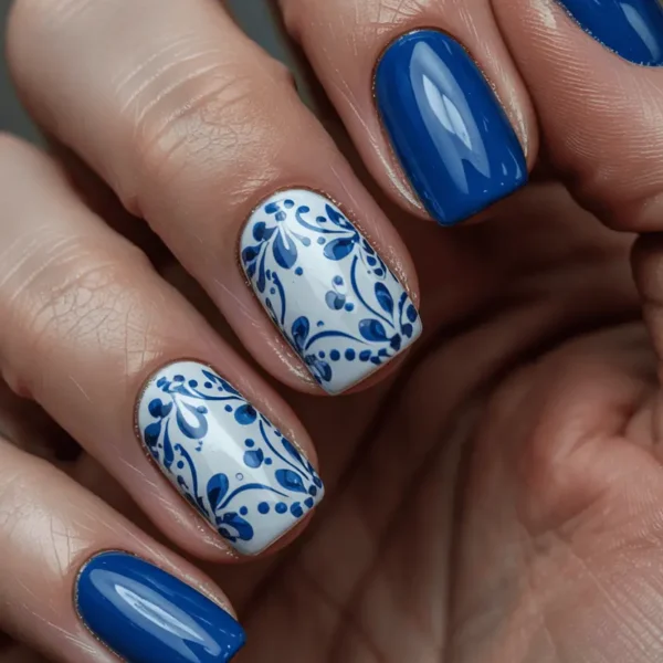 Short square fall nails — cobalt blue solids with one accent nail in a blue botanical folk art pattern