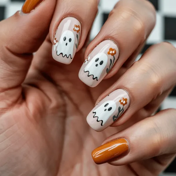 Short oval Halloween fall nails — burnt orange and caramel solids with cute kawaii ghost nail art and small orange flowers on nude base