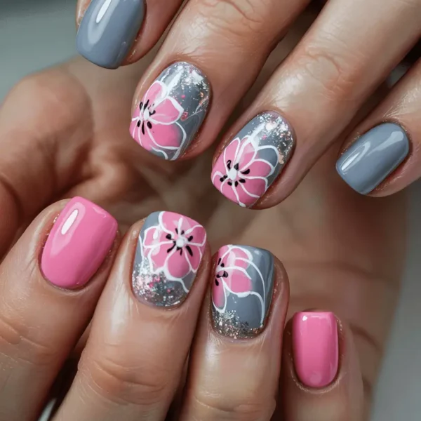 Short square fall nails — slate gray with pink floral art, white outlines, and holographic glitter accent