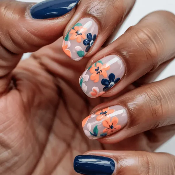 Short oval fall nails — navy blue solids with sheer beige accent nails featuring orange and navy floral art