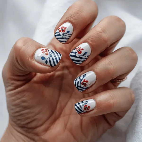 Short square fall nails — white base with diagonal navy blue stripes and small red berry and blue floral clusters