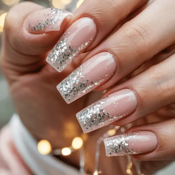 Long coffin fall nails — sheer nude pink base with chunky silver glitter French tips