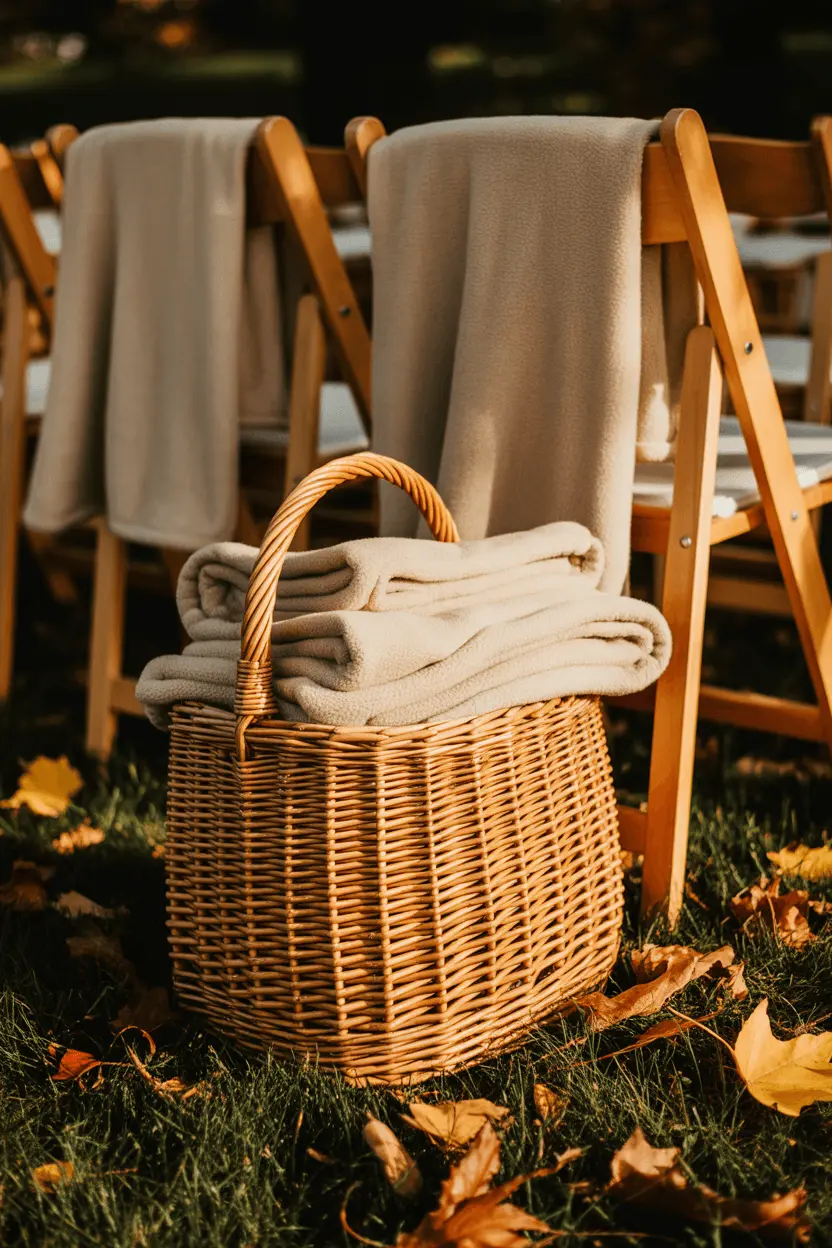Fall outdoor wedding blanket basket with folded fleece throws in one color beside the ceremony chairs