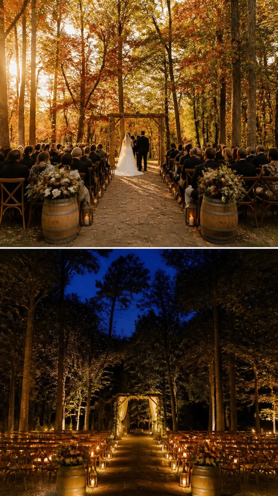 Fall outdoor wedding ceremony timed for golden hour light in an autumn field